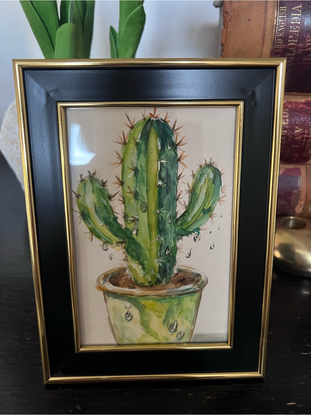 Framed Cactus Watercolor Art - Black & Gold Frame 5x7